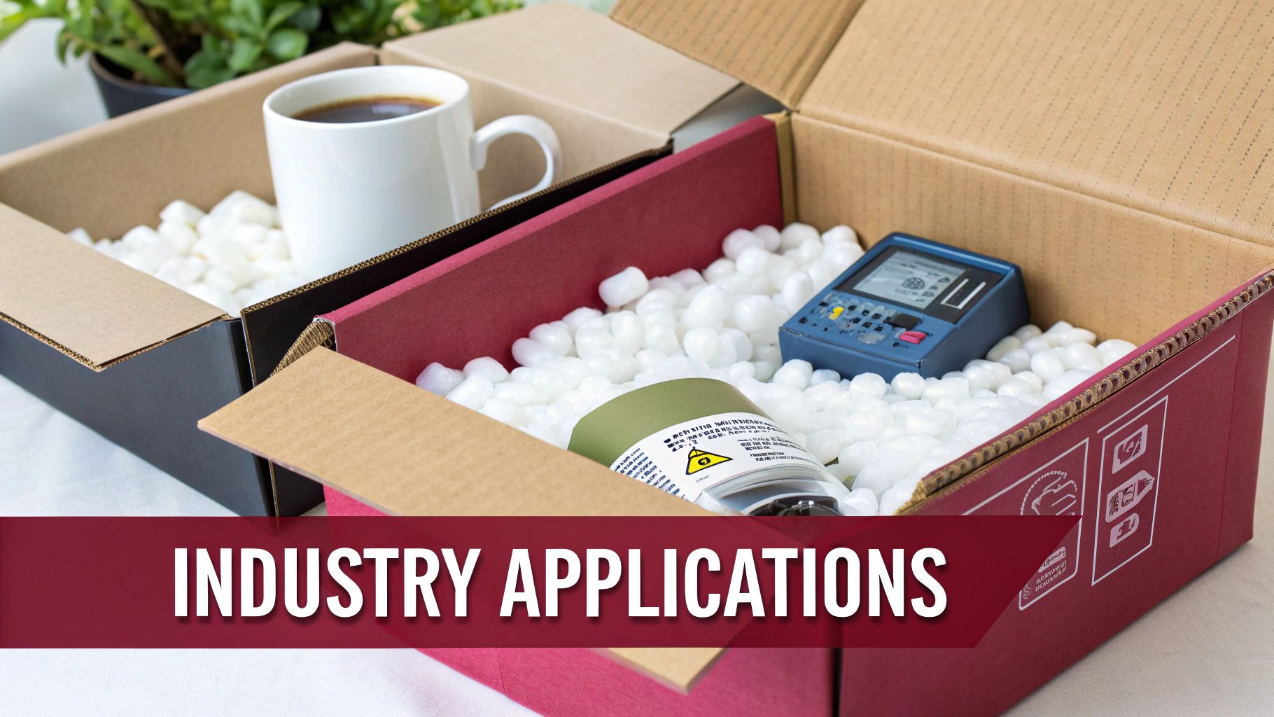 Open cardboard boxes filled with white packing peanuts, containing a coffee mug, can, and electronic device.