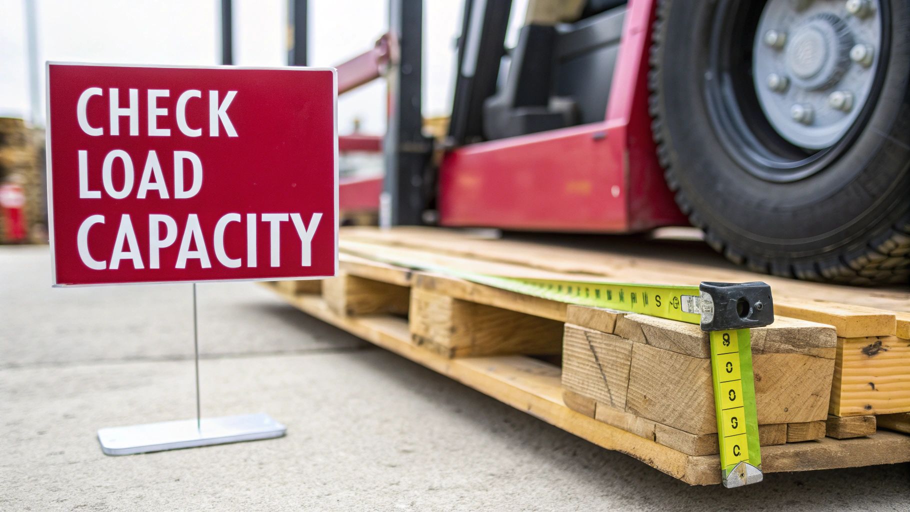 A red sign reading 'CHECK LOAD CAPACITY' next to a wooden pallet with a tape measure, near a forklift.