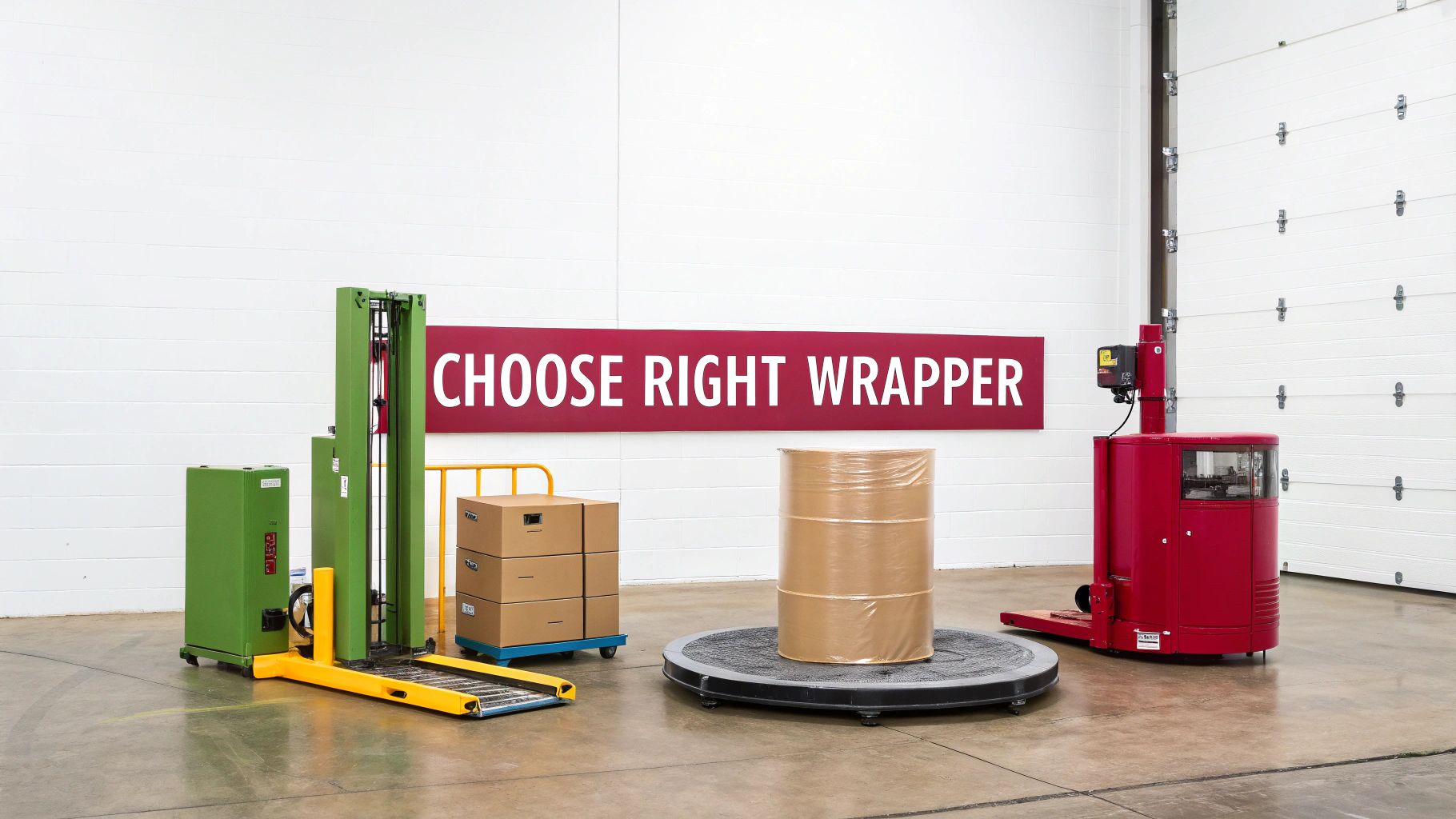Three pallet stretch wrapping machines in a warehouse, with a sign 'CHOOSE RIGHT WRAPPER'.