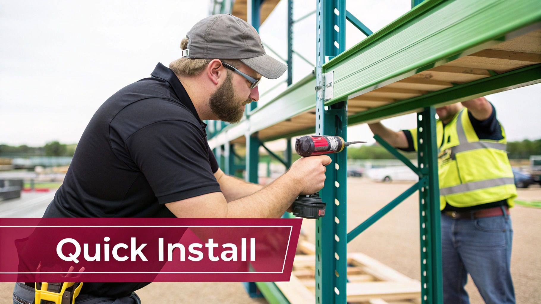 Two men quickly installing a green teardrop pallet rack system using a drill outdoors.