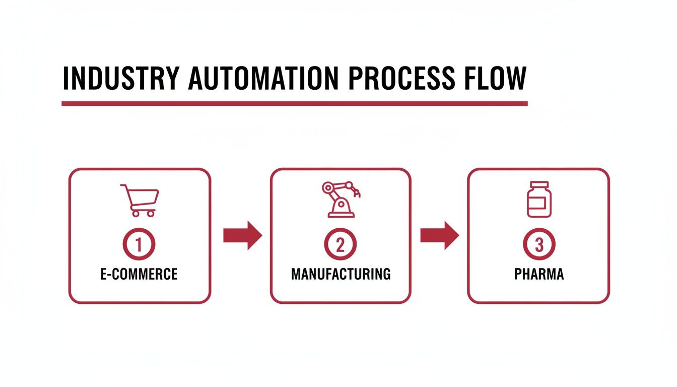 A process flow diagram illustrating industry automation stages: E-Commerce, Manufacturing, and Pharma.