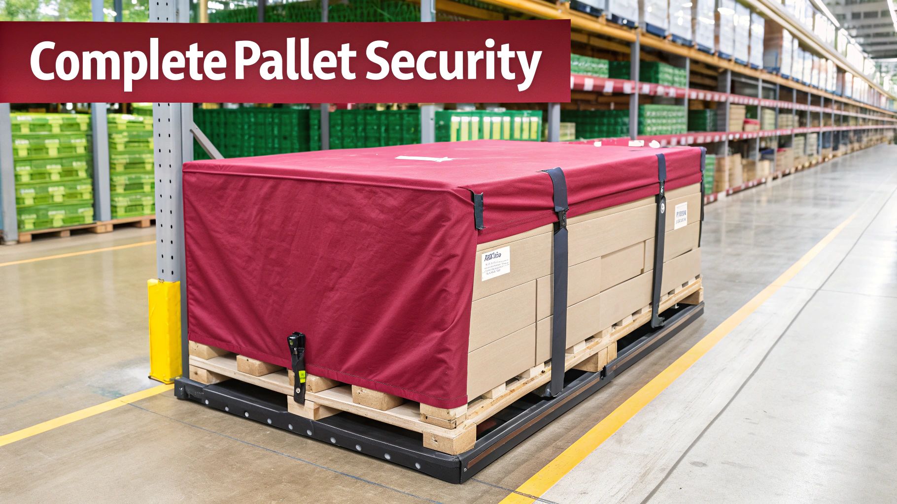 A red-covered pallet of goods secured with straps sits in a warehouse aisle, emphasizing complete pallet security.