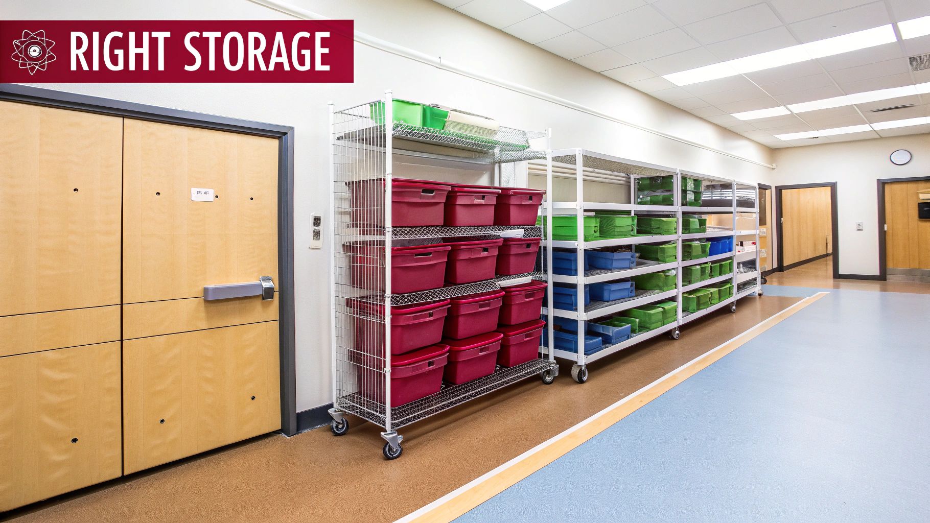 A hospital corridor features mobile shelving units filled with red, green, and blue storage bins.