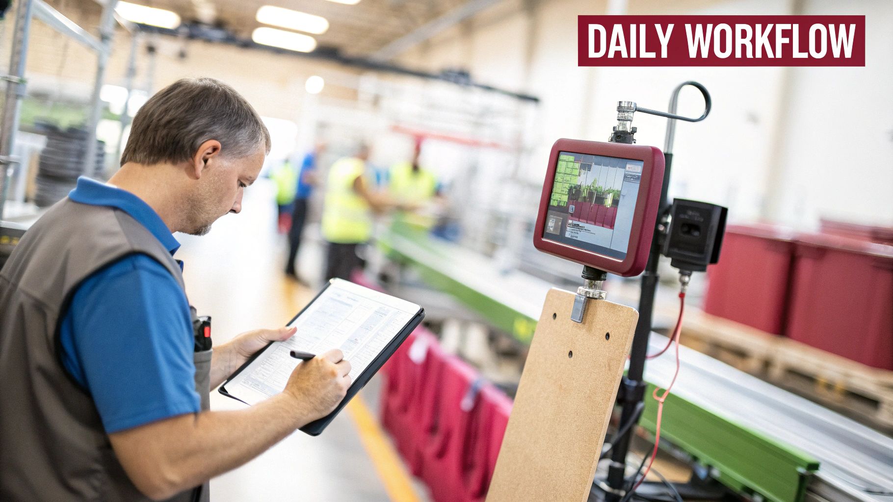 Worker reviews a checklist on a clipboard in a factory, with a digital display showing inventory data and daily workflow.
