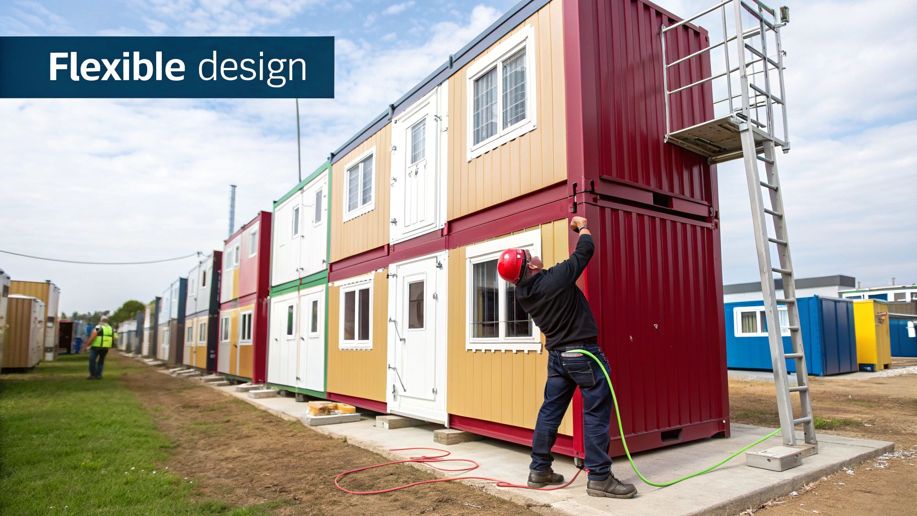 A worker connects a hose to colorful stacked container buildings, demonstrating flexible modular design.
