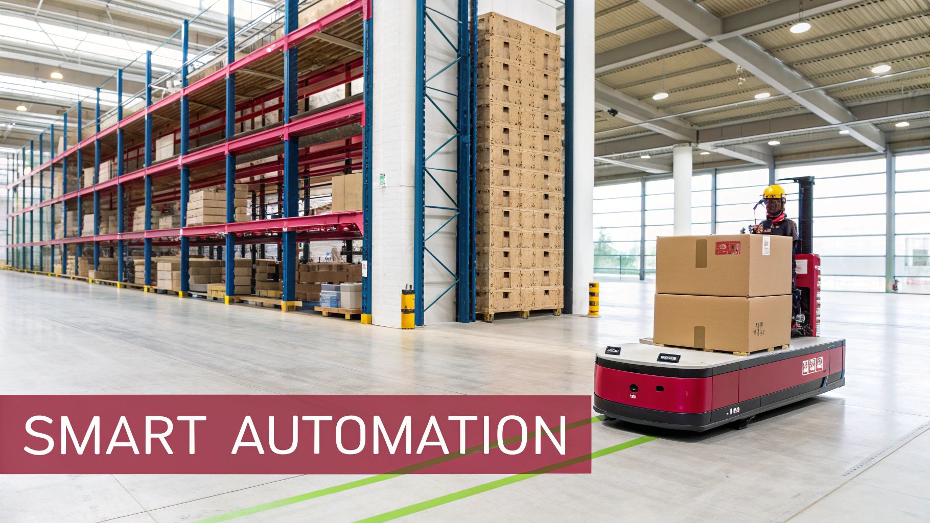 Automated warehouse operations featuring an AGV transporting boxes and a worker.