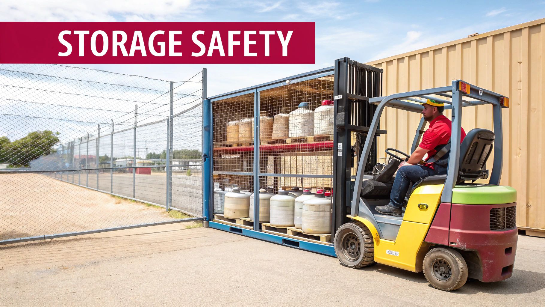 A forklift operator moves a large caged storage unit filled with propane tanks in an outdoor yard.