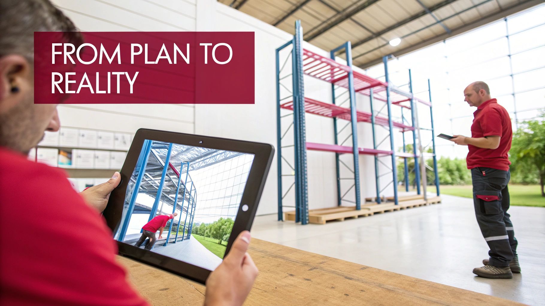 Warehouse workers using a tablet for augmented reality design to bring shelving plans to reality.