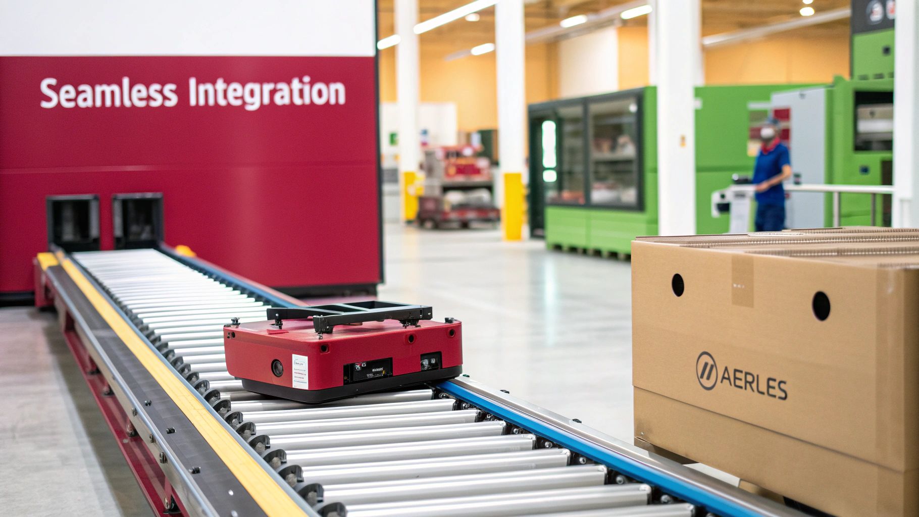 A red robotic shuttle moves on a roller conveyor system inside a modern automated warehouse facility.