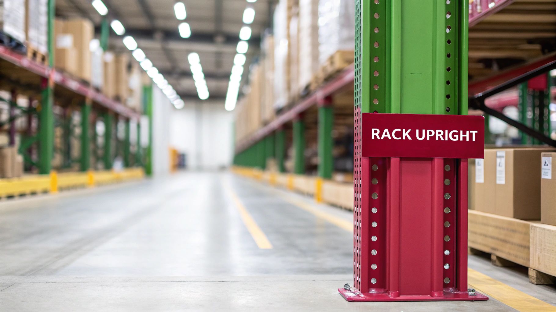 Close-up of a red and green rack upright with a sign in a warehouse aisle.