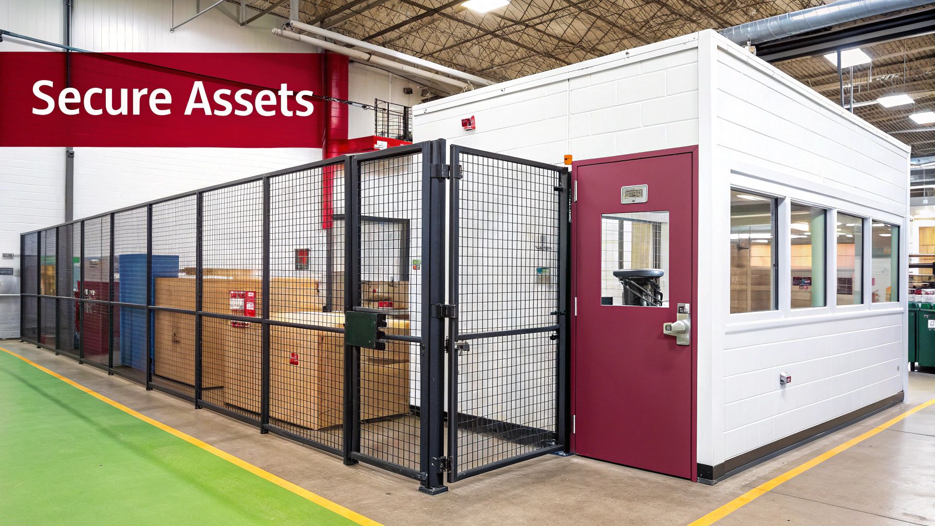 A secure storage cage with a red door office booth in an industrial warehouse setting.