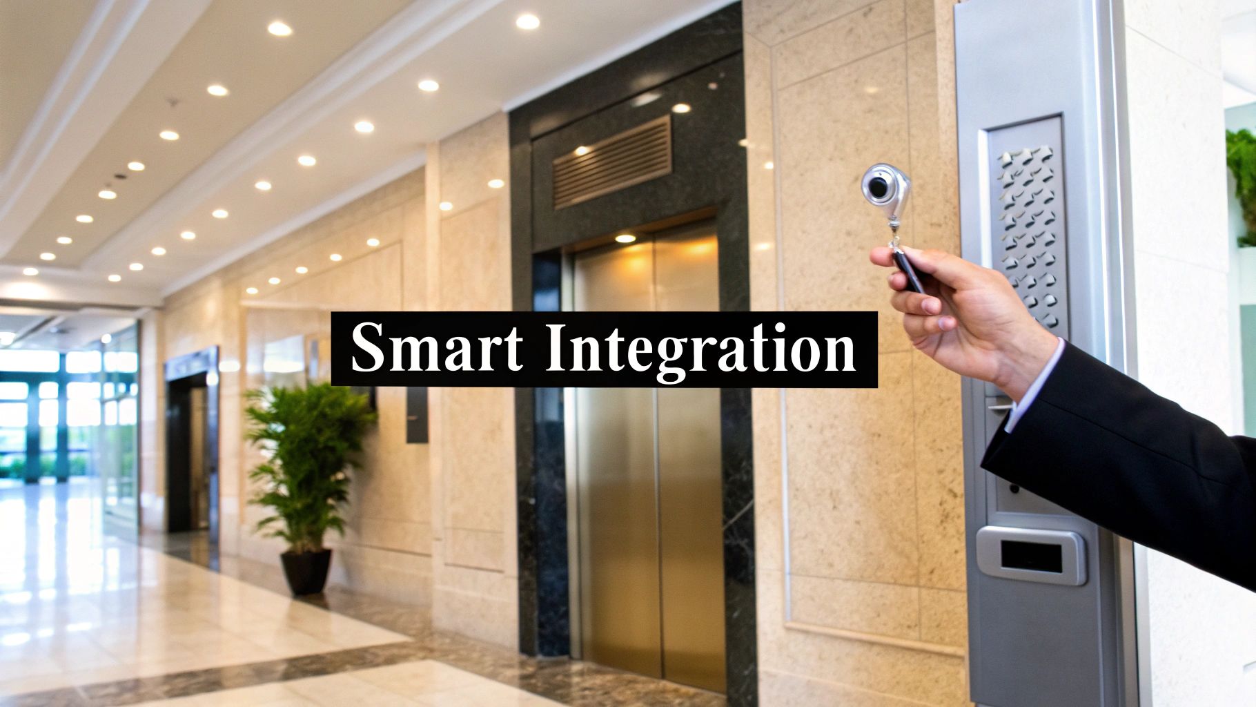 A smart building dashboard showing integrated systems like access control, cameras, and alarms.
