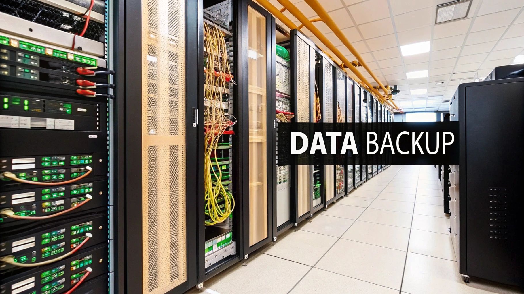 Data backup and recovery procedures illustration with cloud and server icons.