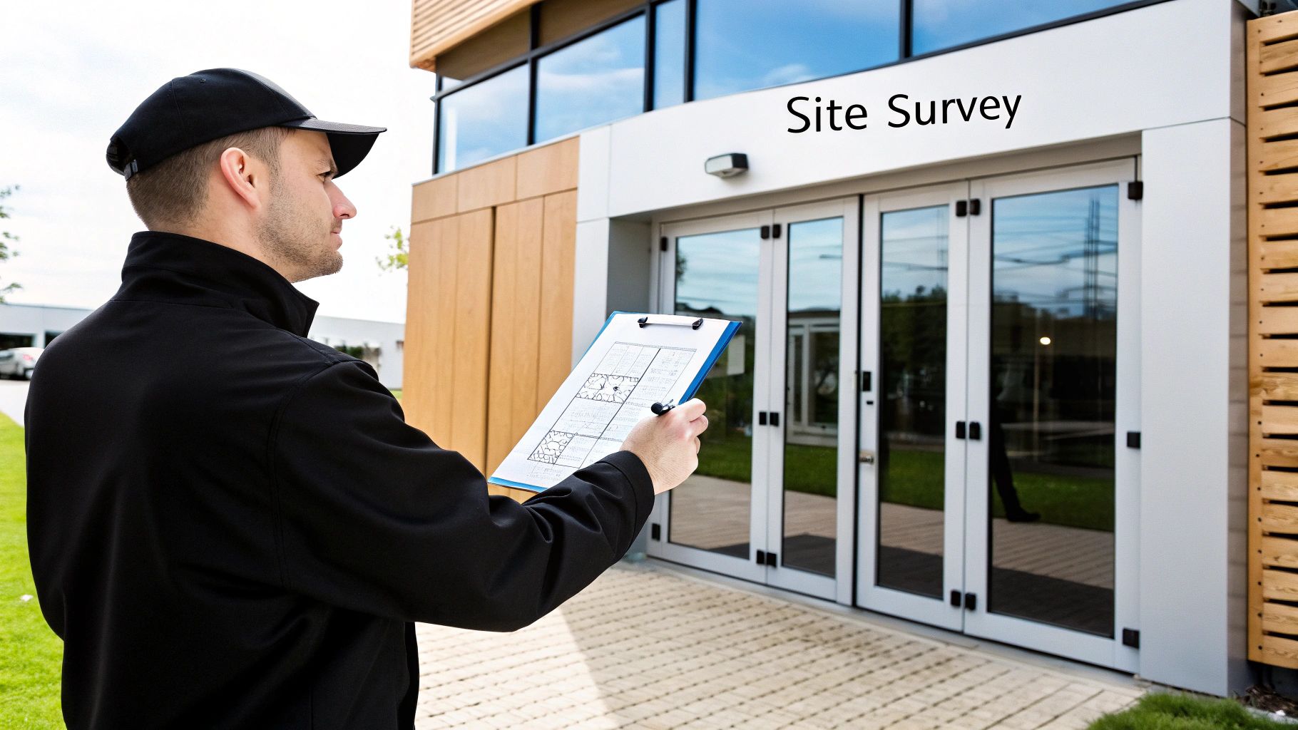 A man in a black jacket and cap conducts a site survey of a modern building, holding a clipboard.