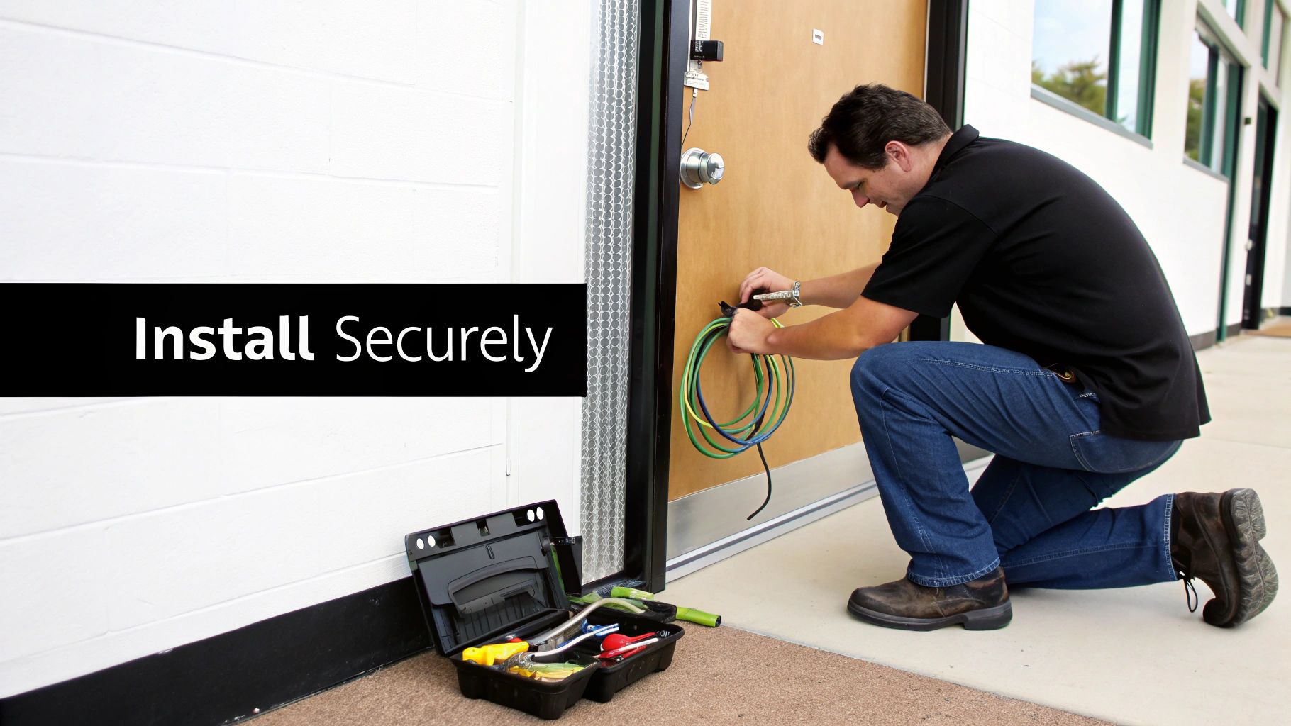 A technician installs an access control system on a wooden door, with tools nearby.