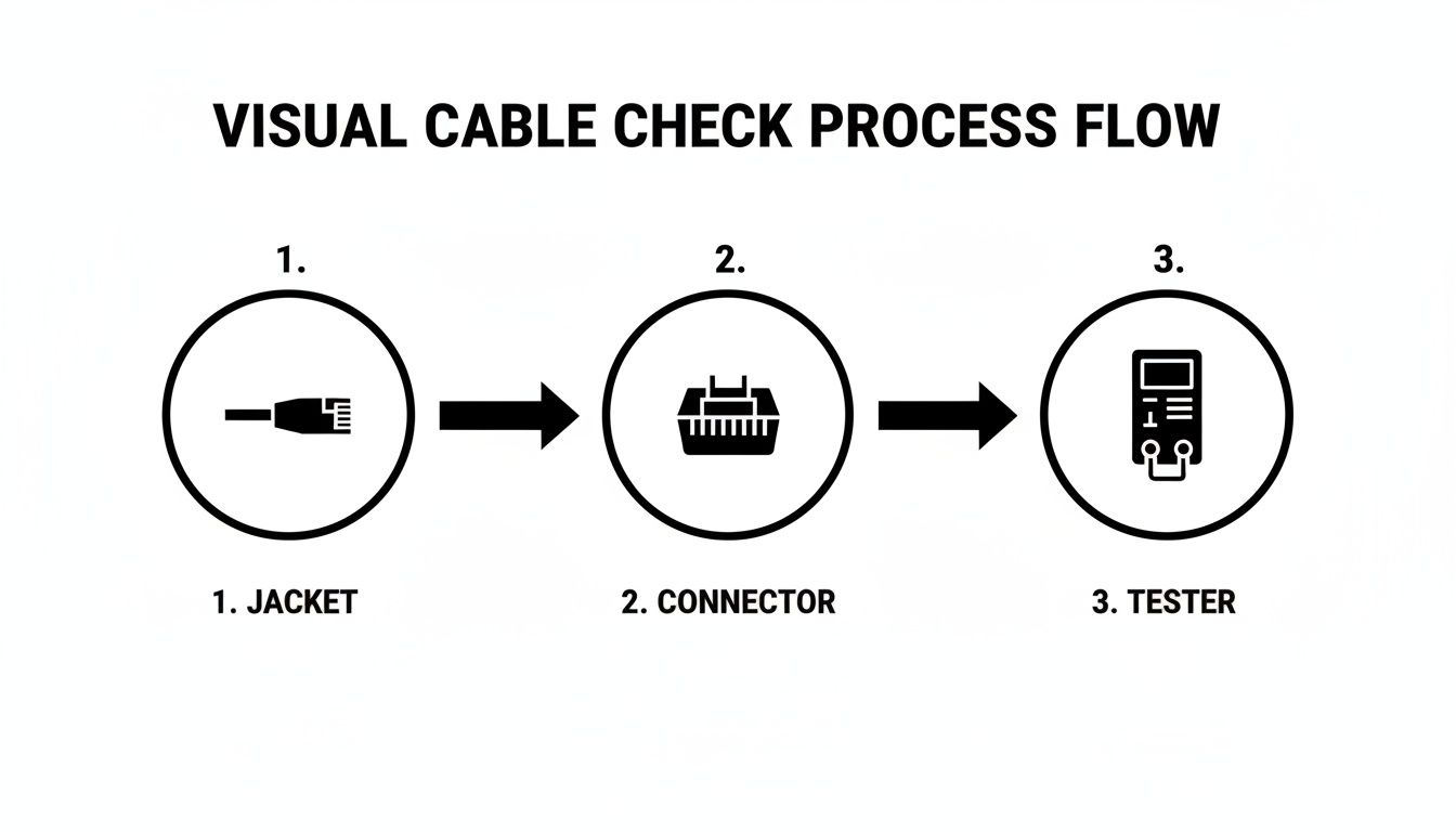 Flowchart illustrating a three-step visual cable check process: 1. Jacket, 2. Connector, 3. Tester.