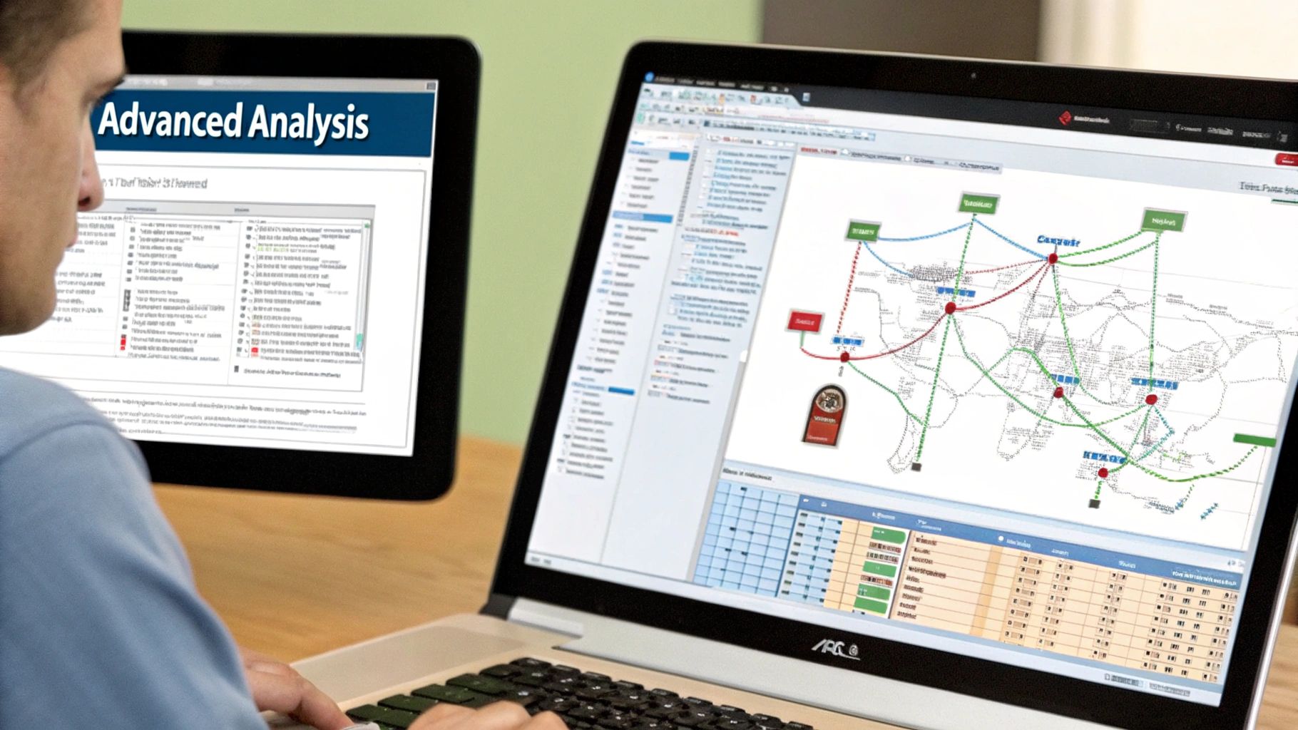 A network engineer analyzing data on a large screen displaying complex network path visualizations.