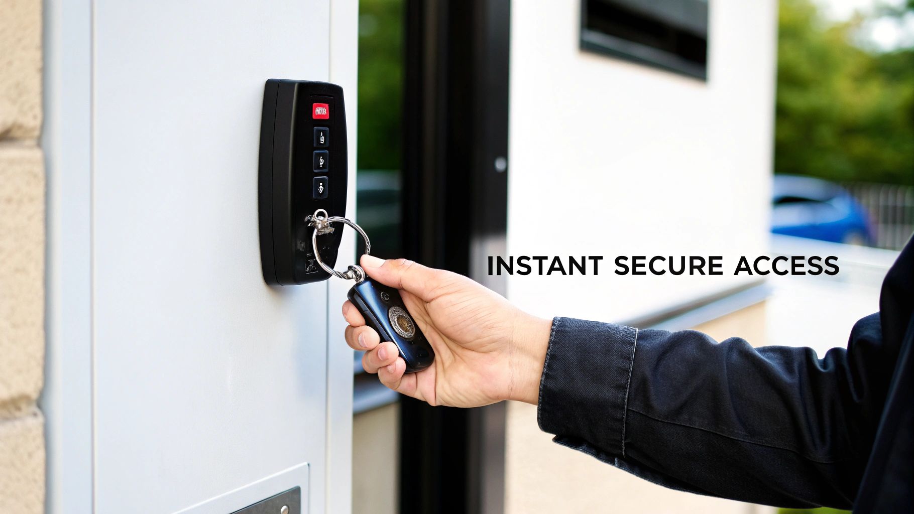A person holding a key fob up to a wall-mounted reader next to a door