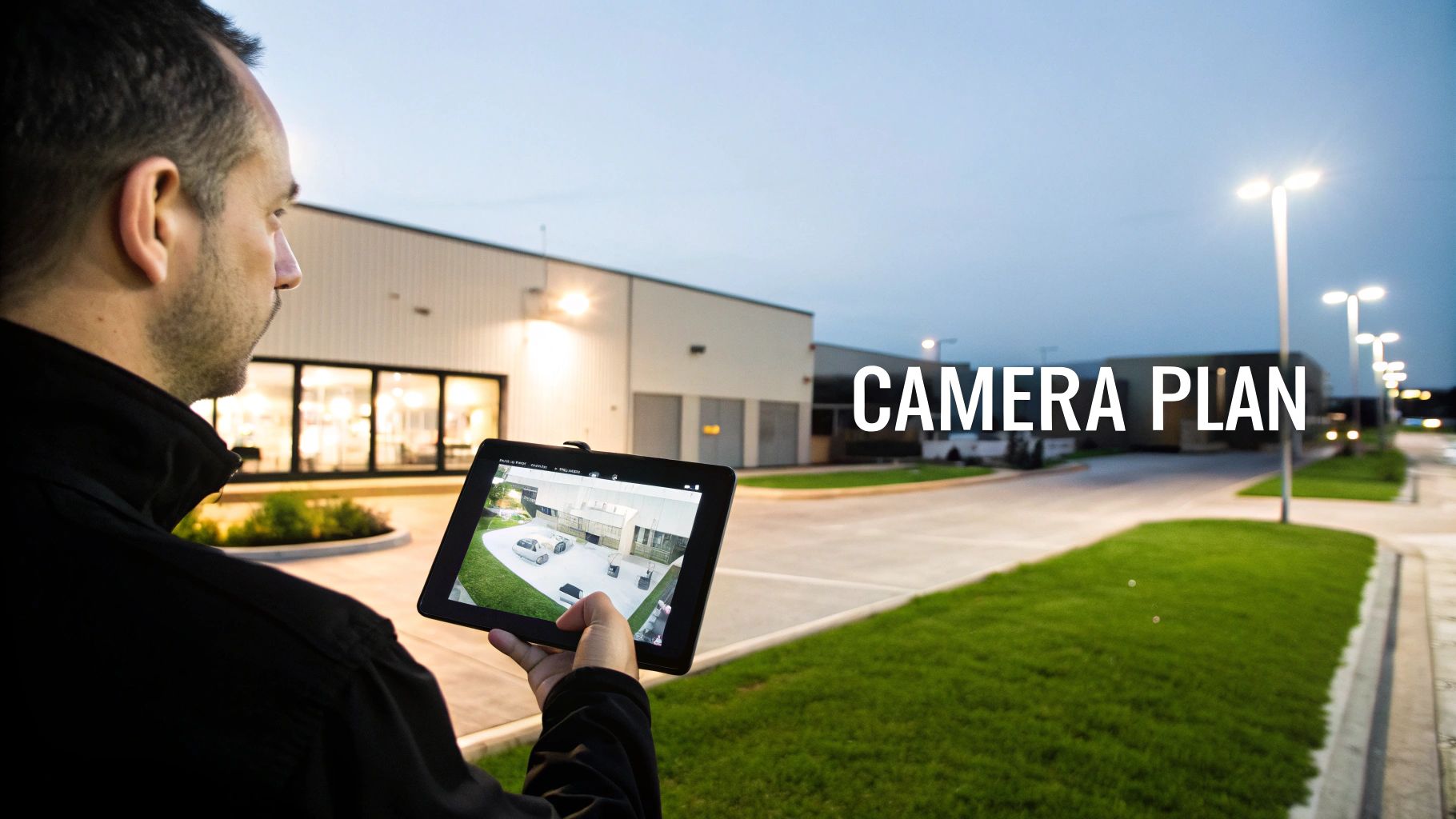 Man holding a tablet displaying a security camera plan for a commercial building and parking lot at dusk.