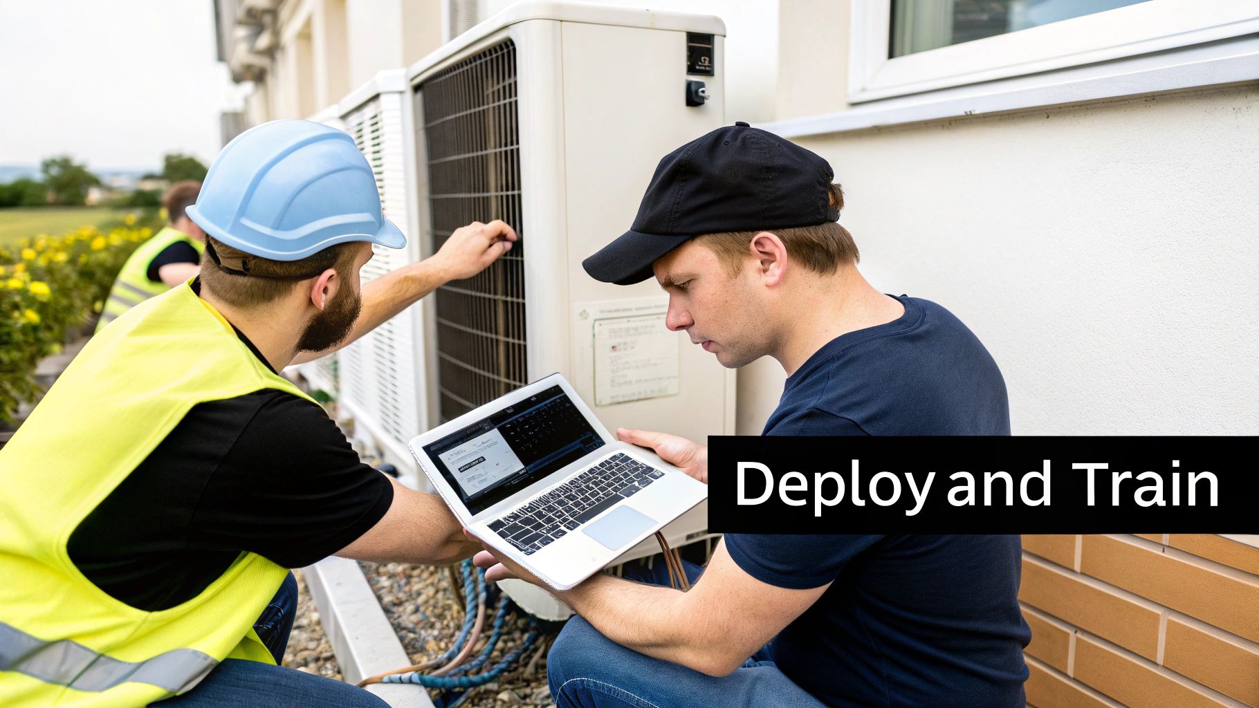 Two technicians with a laptop working on an outdoor air conditioning unit, performing maintenance.