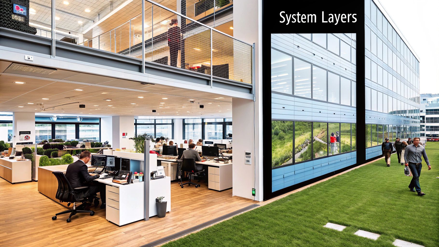 A building manager monitoring a building automation system on a large screen