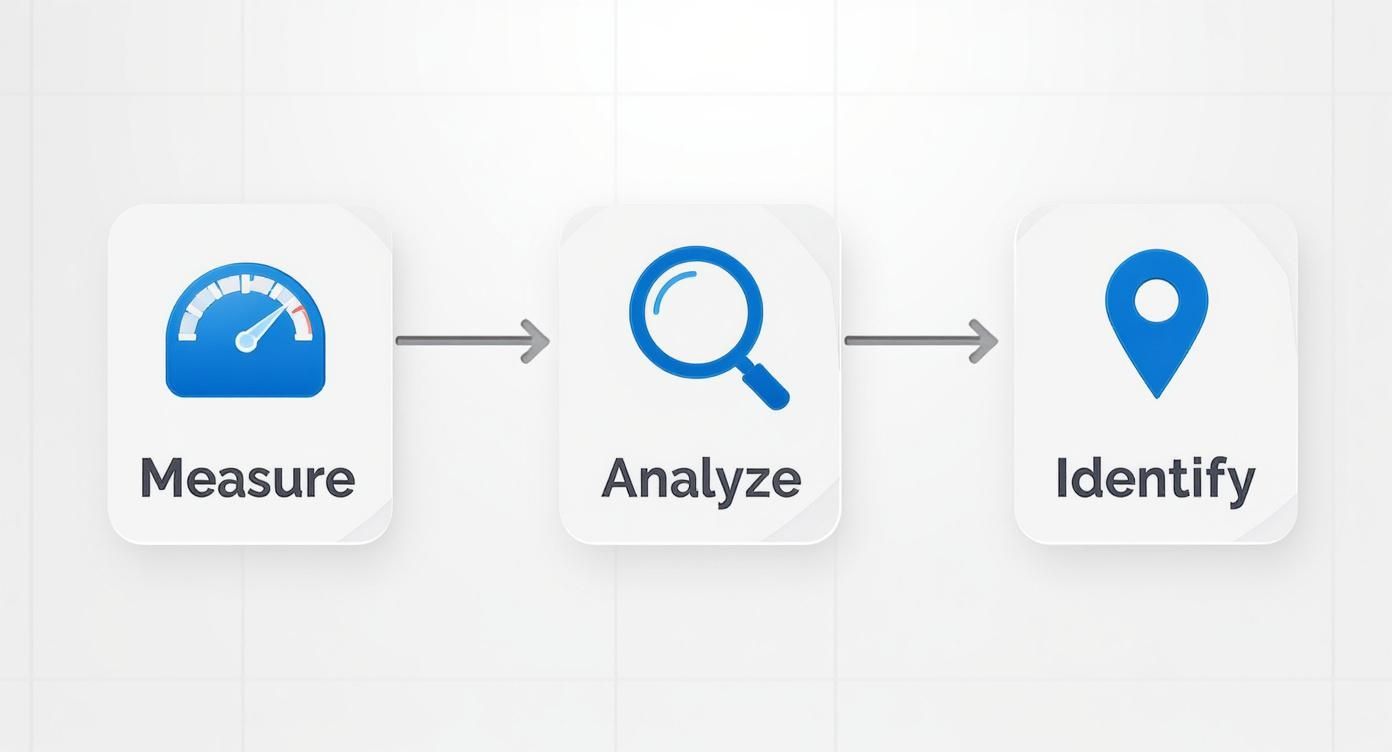 Three step process workflow showing measure, analyze, and identify icons with arrows connecting them