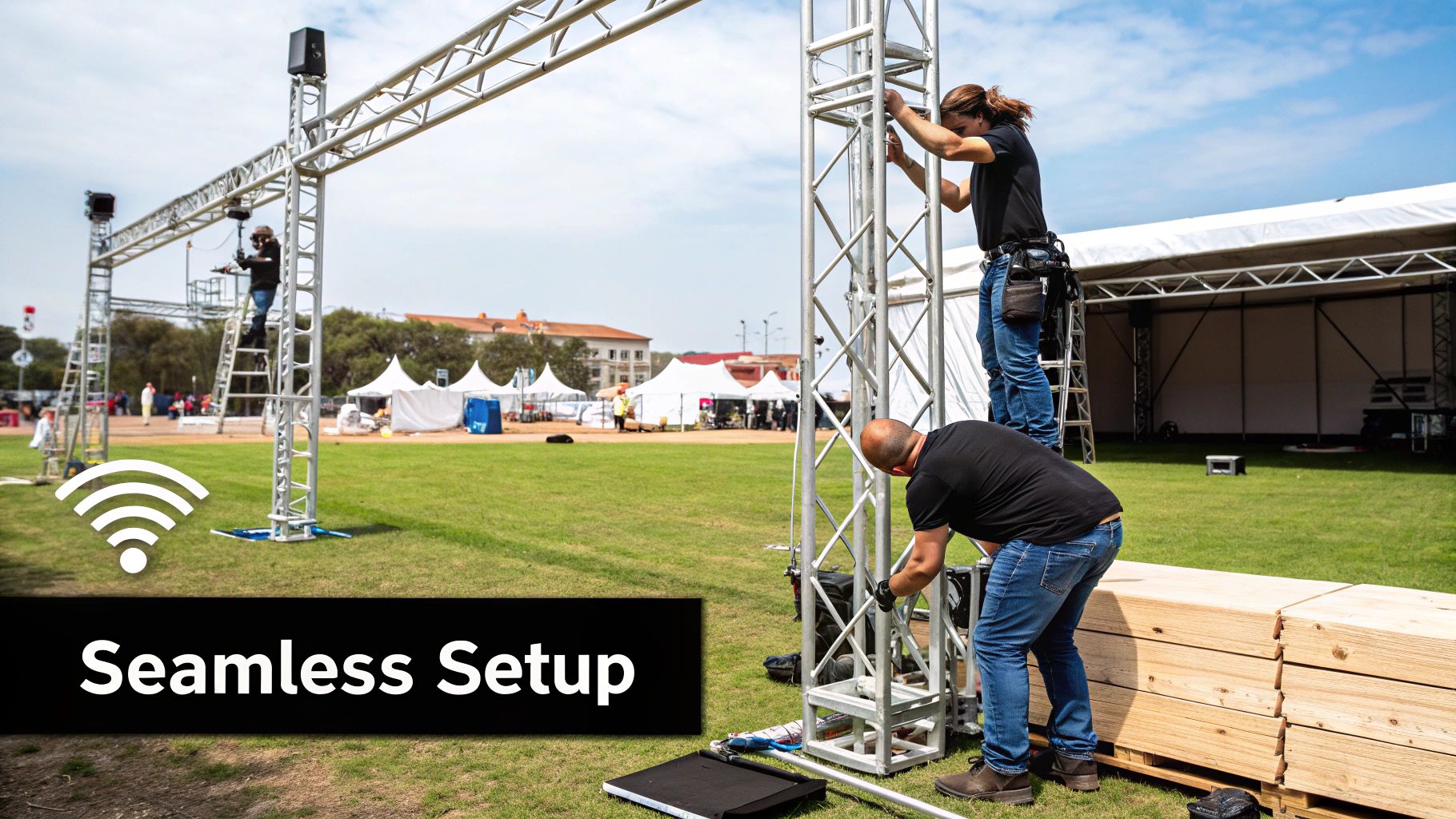 A technician managing network cables and equipment during an event setup.