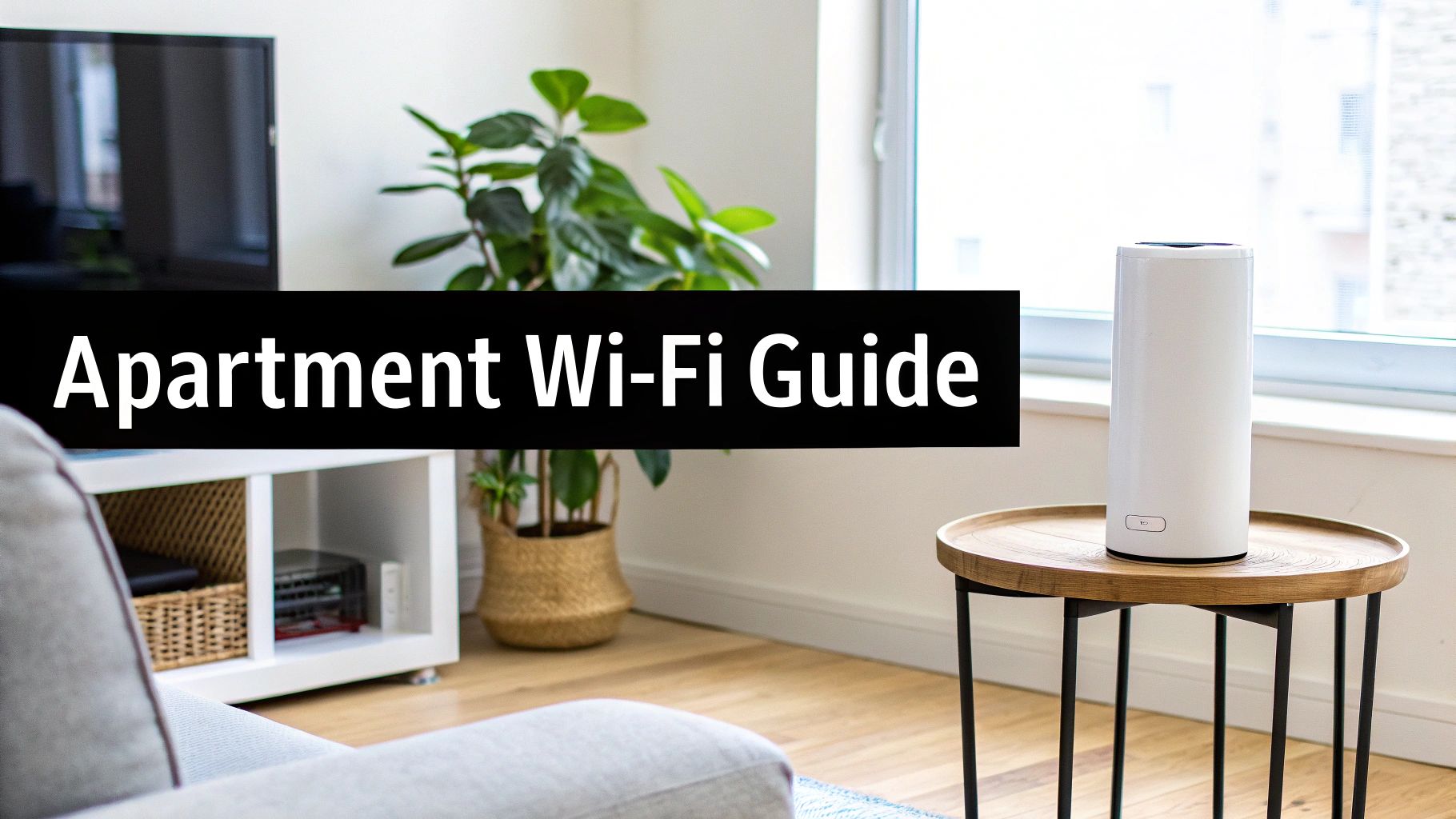 A person sitting on a sofa in a modern apartment, using a laptop with a strong Wi-Fi signal icon visible.