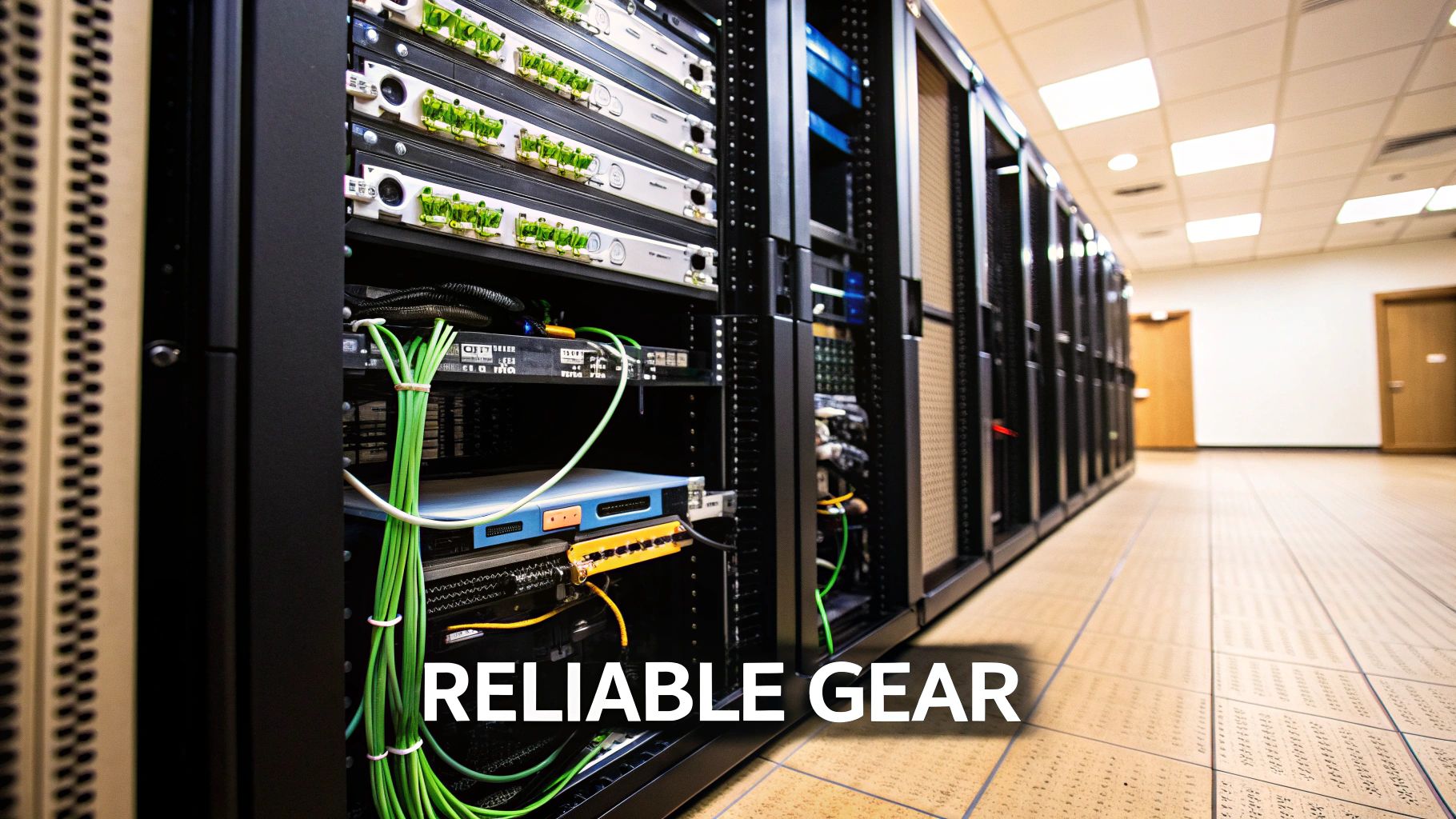 A technician inspects a rack of network hardware, symbolizing the choice of event Wi-Fi equipment.