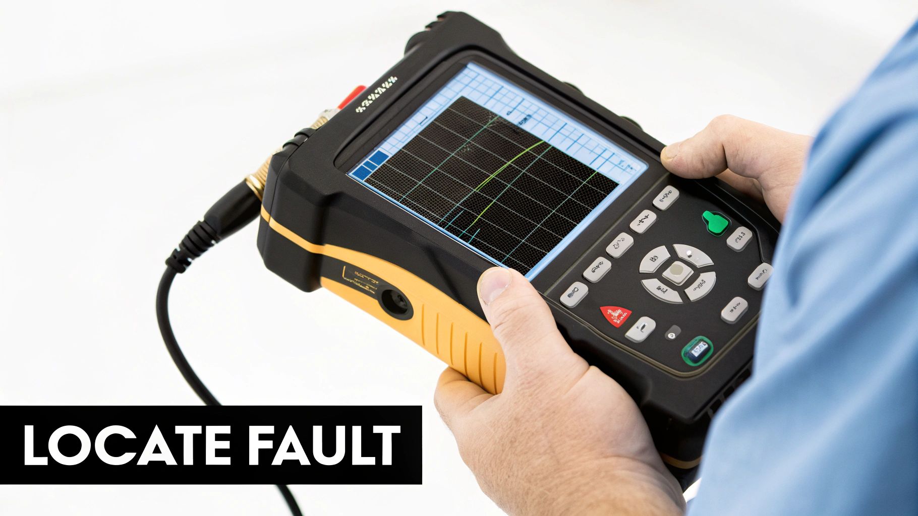 A technician uses a portable network cable tester displaying a graph to locate a fault.