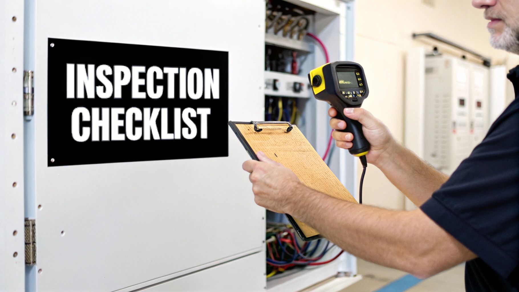 Technician using a thermal imager to inspect an electrical panel with a checklist.