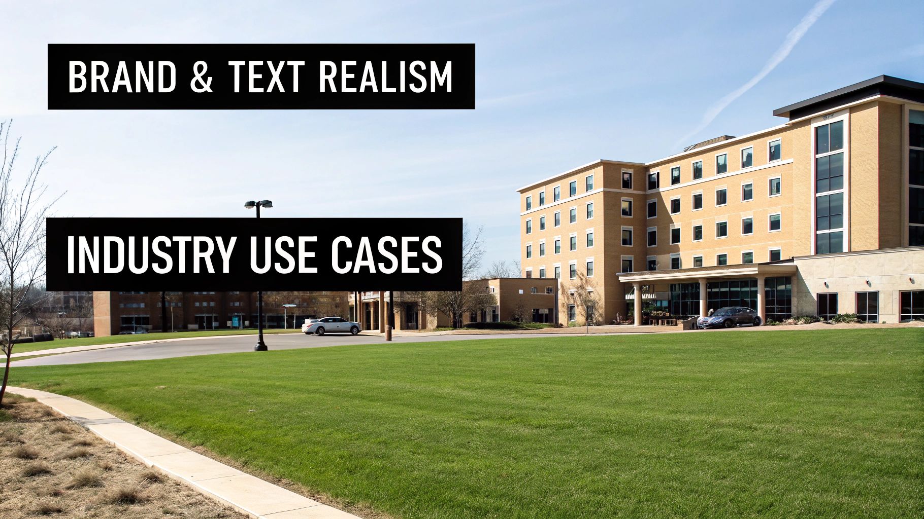 Large building with green lawn, road, and text overlays: 'BRAND & TEXT REALISM' and 'INDUSTRY USE CASES'.