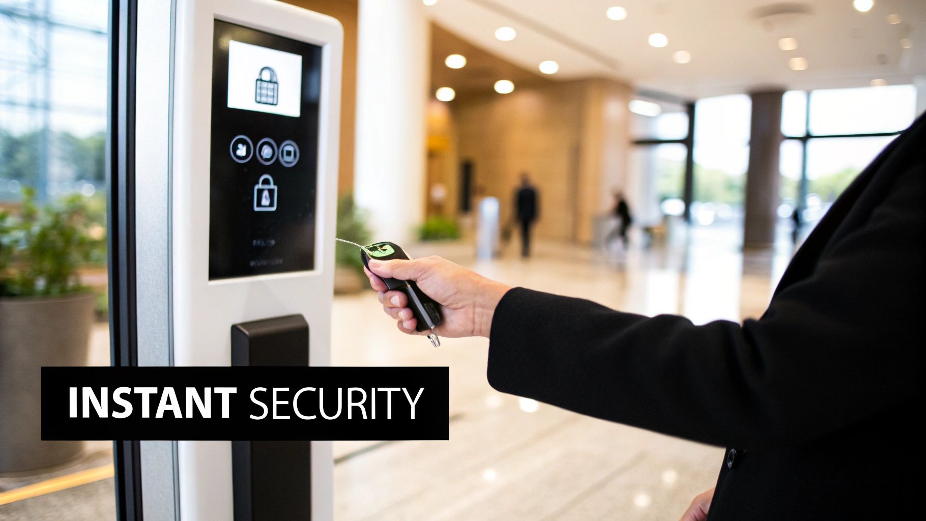 A person using a key fob to unlock a modern door