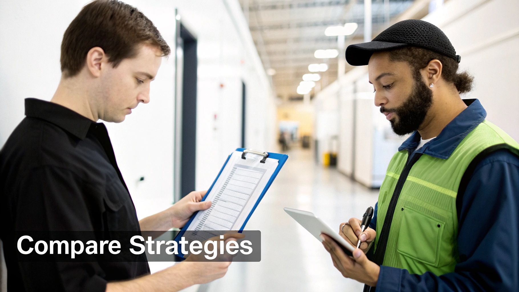 Two professionals in a modern industrial setting comparing data and strategies on a clipboard and a digital tablet.