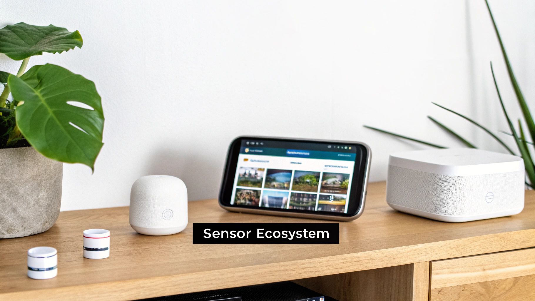 A person using a smartphone to control various smart home sensors and devices in their living room.