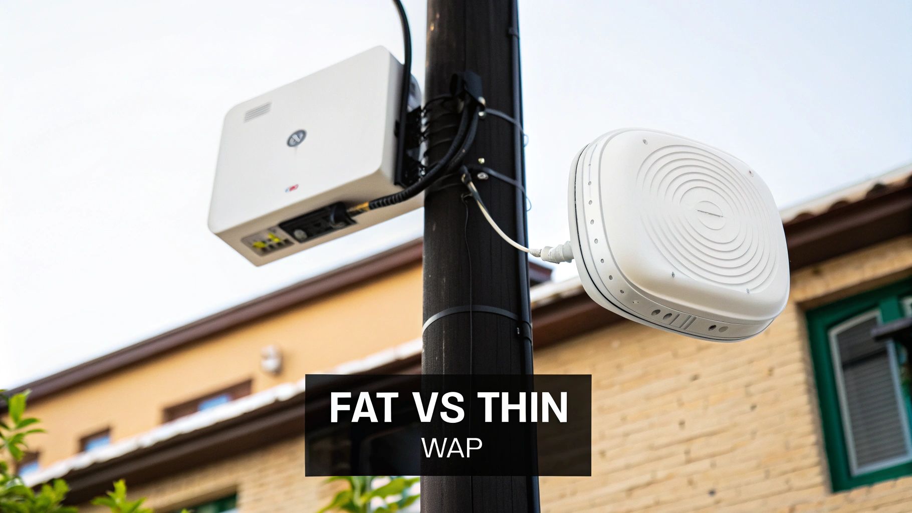 Two wireless access points mounted on outdoor pole comparing fat and thin WAP types