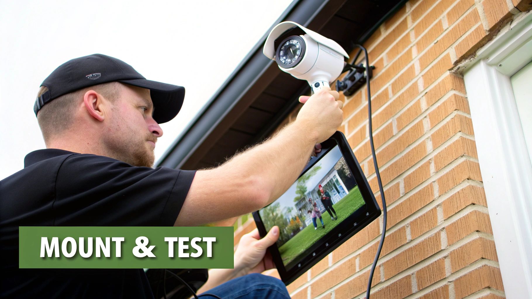 Man in black cap mounting and testing a white security camera on a brick wall, viewing feed on a tablet.