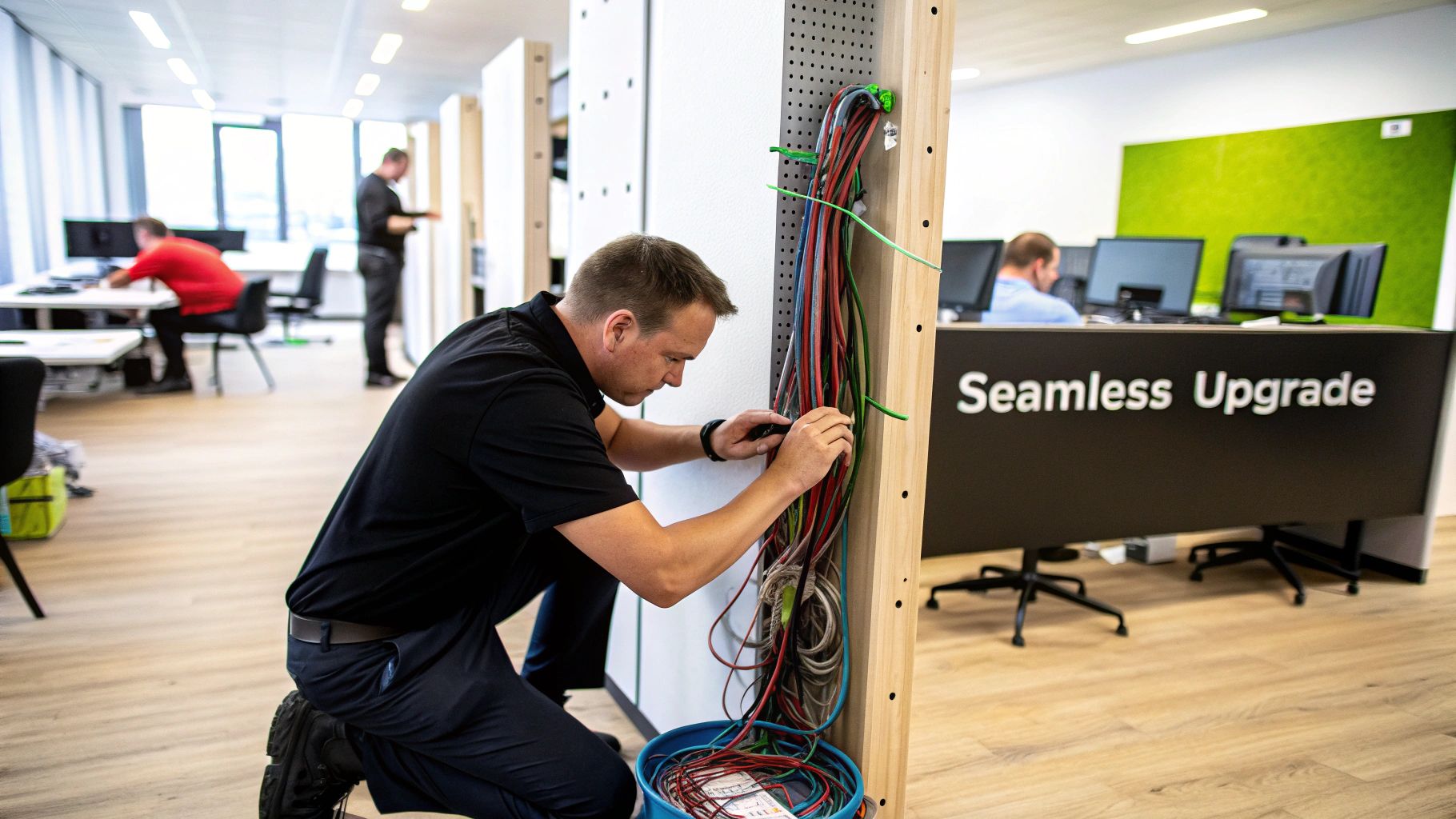 A technician installs networking equipment in a server room.