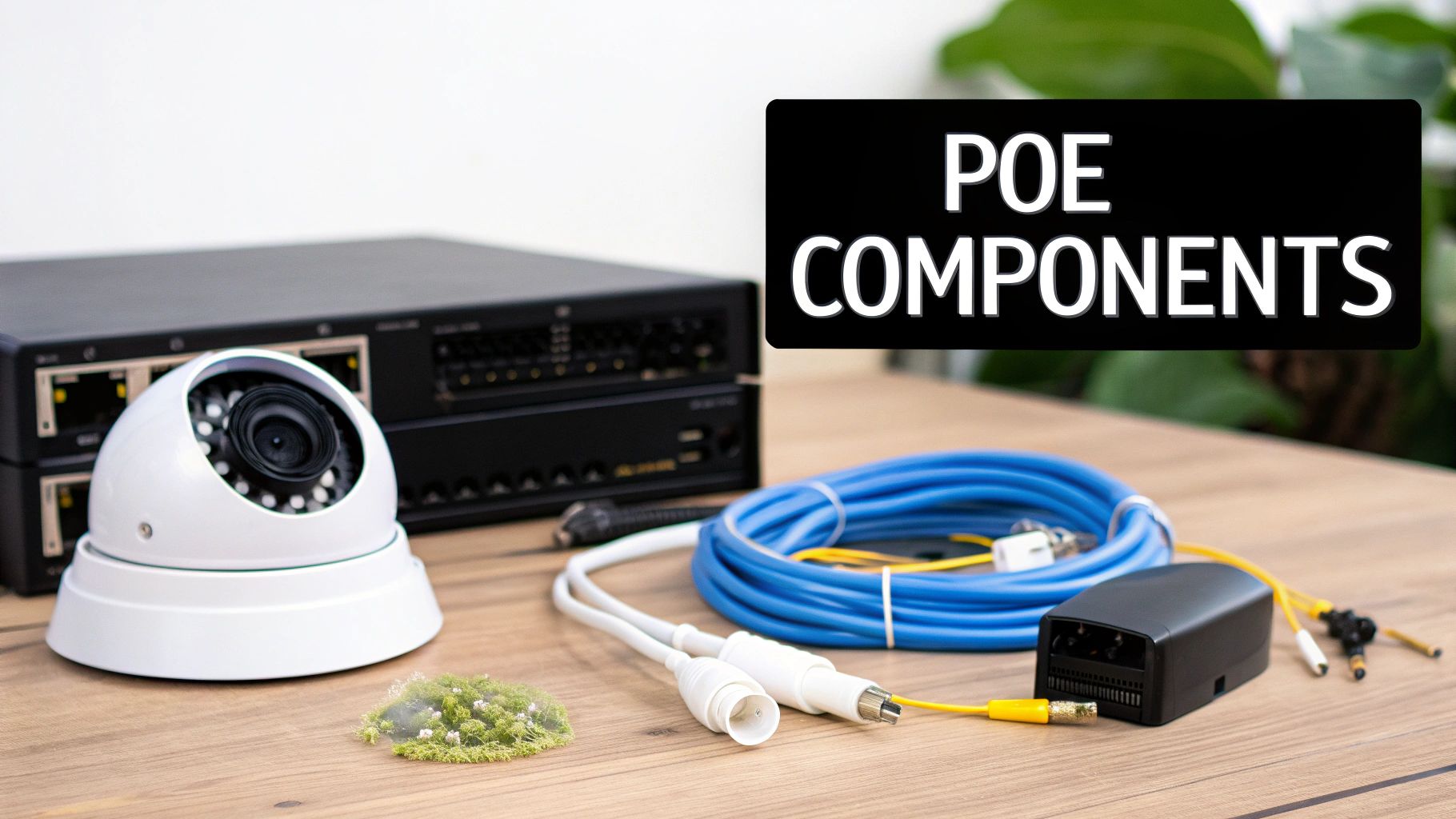 Power over Ethernet security camera components including dome camera, network switch, cables and PoE injector