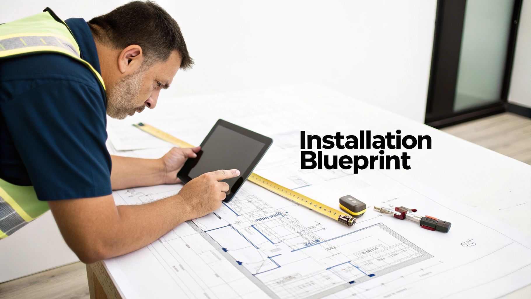 A construction worker in a safety vest reviews an installation blueprint with a tablet and measuring tape.