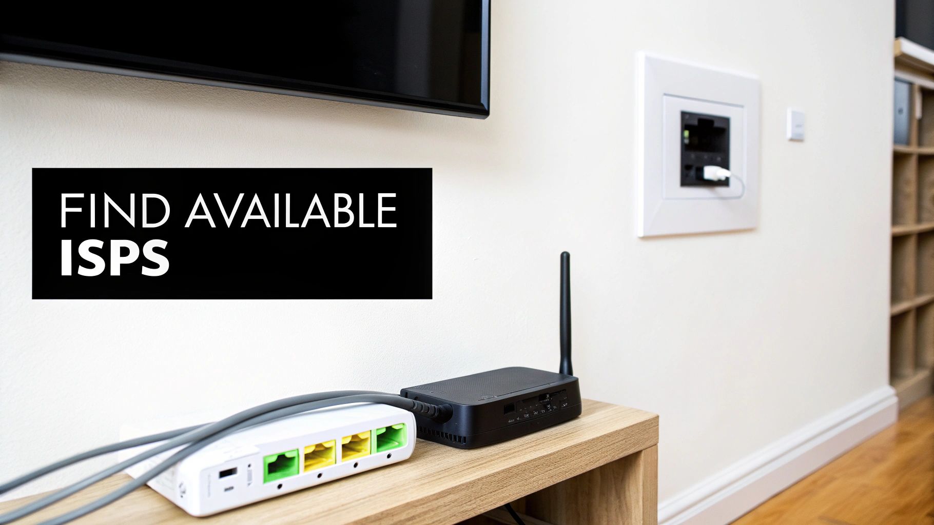 White modem and black wireless router on wooden shelf for finding available internet service providers