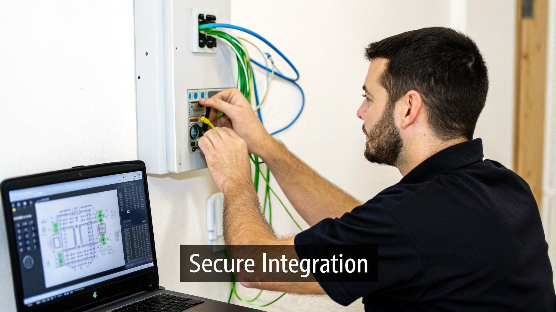 A technician carefully installs a modern building intercom system on a wall.