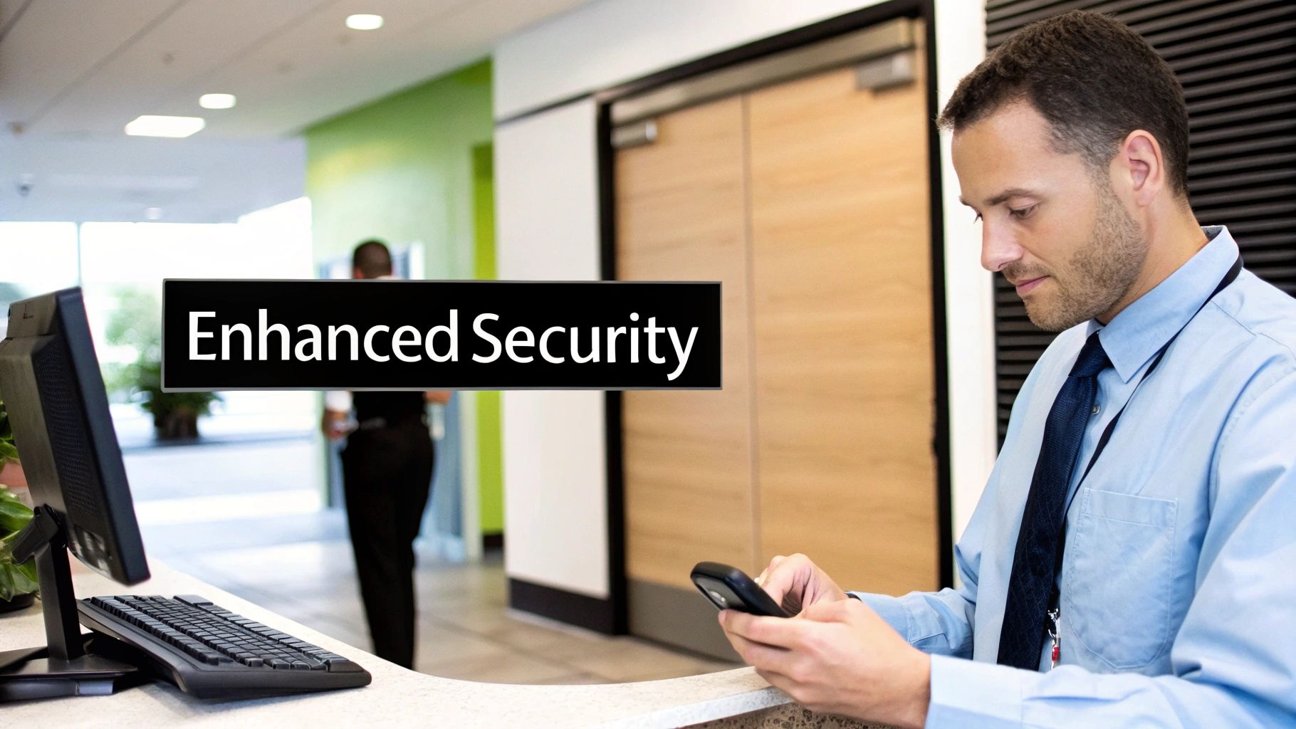 A property manager remotely granting access using a smartphone app for a door buzzer entry system.