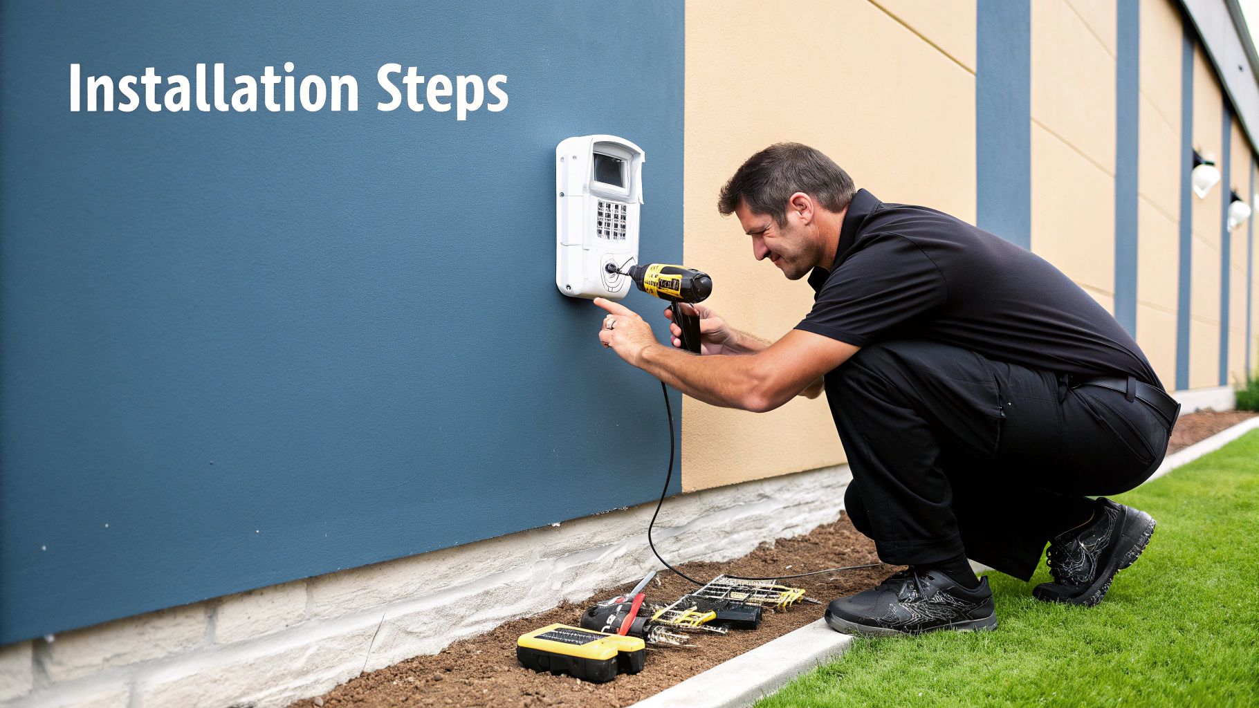 A professional technician installing a building intercom system on a wall.