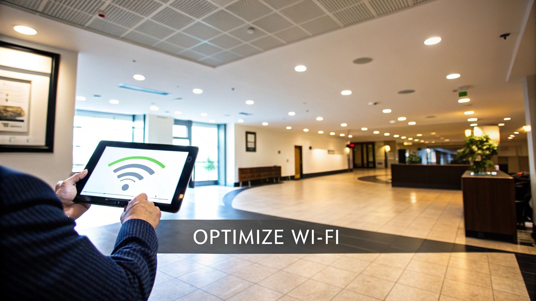 Professional holding tablet displaying WiFi signal icon in modern corporate office building lobby