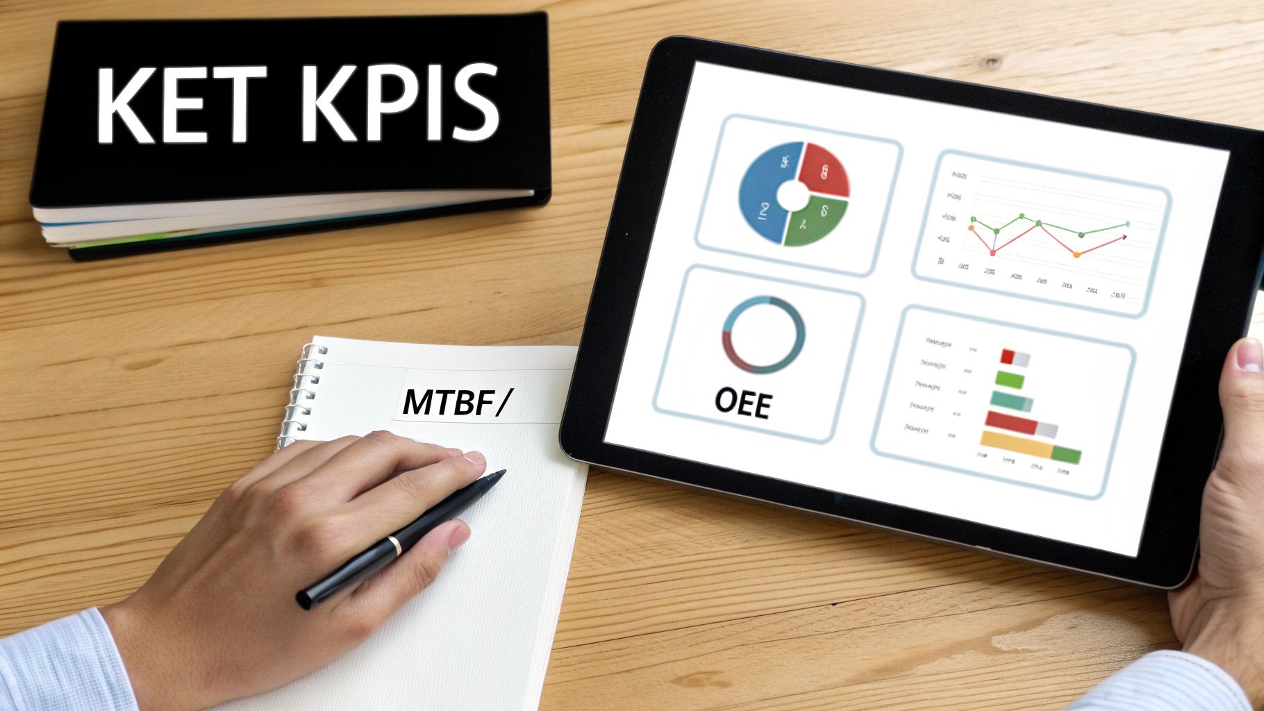 Person writing 'MTBF' on a notepad, beside a tablet showing 'OEE' and performance metrics, with a 'KET KPIS' book.
