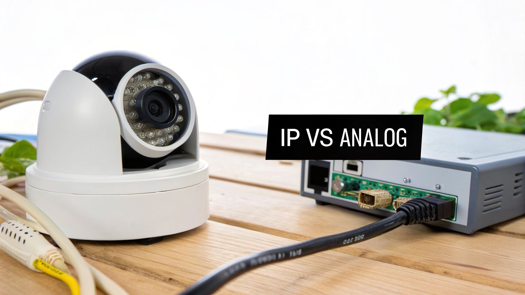 A white dome security camera and network equipment with 'IP VS ANALOG' text overlay.