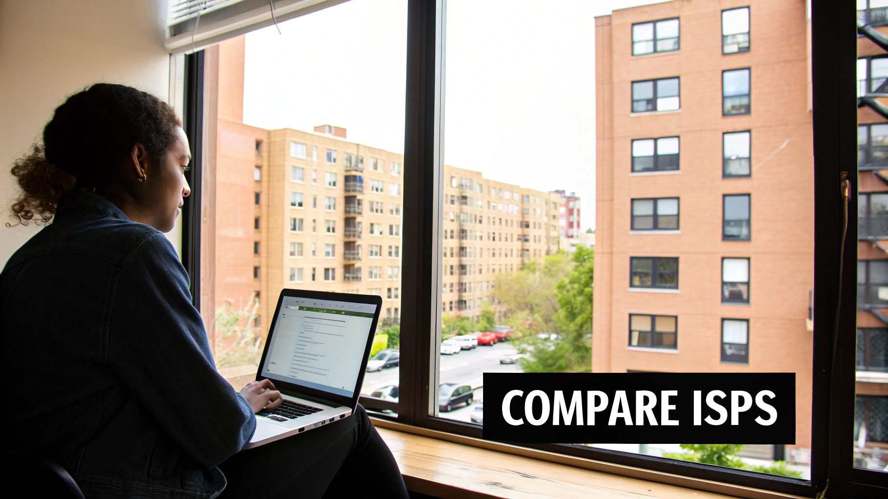 A person sitting by a large window, working on a laptop with apartment buildings outside.