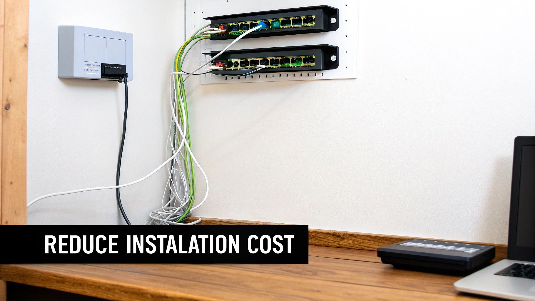 A person carefully planning a network installation with blueprints and a laptop, symbolizing smart cost-reduction strategies.