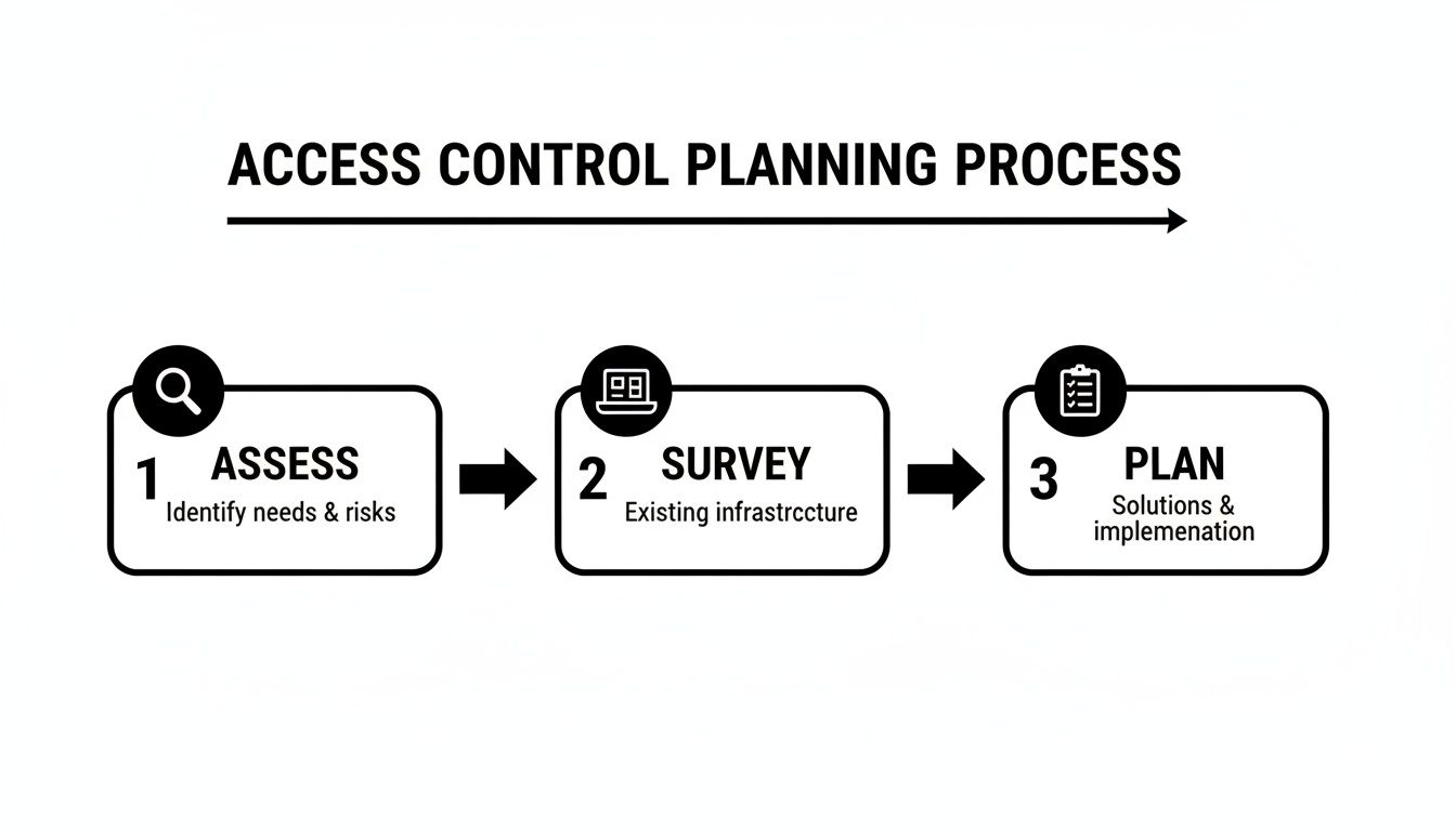 A visual flowchart detailing the three-step access control planning process: assess, survey, and plan.
